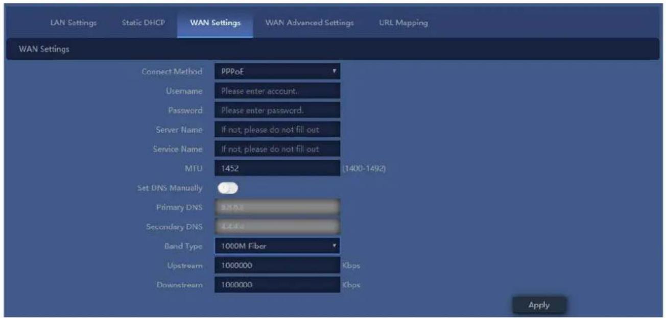 LAN Settings Static DHCP WAN Settings WAN Advanced Settings URL Mapping WAN Settings Connect Method PPPoE Username Please enter account. Password Please enter password. Server Name If not, please do not fill out Service Name If not, please do not fill out MTU 1452 (1400-1492) Set DNS Manually Primary DNS 3.5M Secondary DNS 4.4M Band Type 1000M Fiber Upstream 1000000 Kbps Downstream 1000000 Kbps Apply