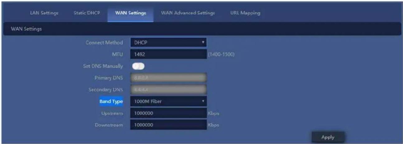 LAN Settings Static DHCP WAN Settings WAN Advanced Settings URL Mapping WAN Settings Connect Method DHCP MTU 1492 (1400-1500) Set DNS Manually Primary DNS 8.60A Secondary DNS 3.44A Band Type 1000M Fiber Upstream 1000000 Kbps Downstream 1000000 Kbps Apply