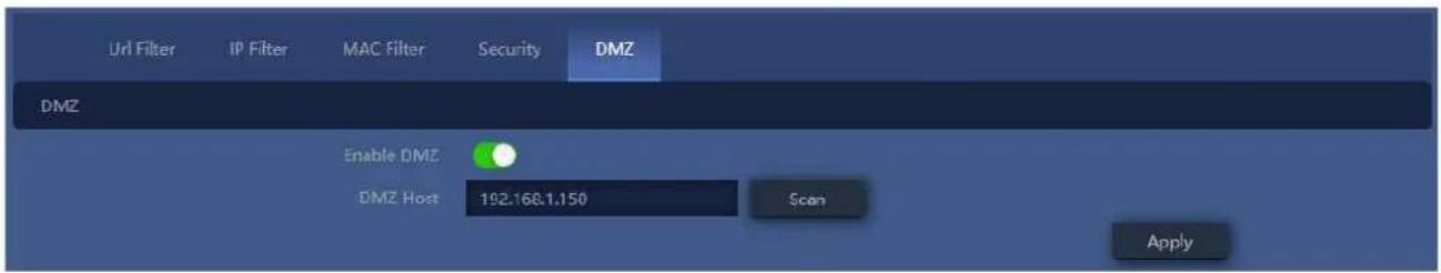 Url Filter IP Filter MAC Filter Security DMZ DMZ Enable DMZ DMZ Host 192.168.1.150 Scan Apply