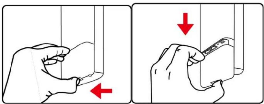 Diagram illustrating hand positioning and movement of a device, with red arrows indicating left and right motion directions.
