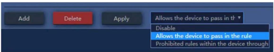 Add Delete Apply Allows the device to pass in th▼ Disable Allows the device to pass in the rule Prohibited rules within the device through