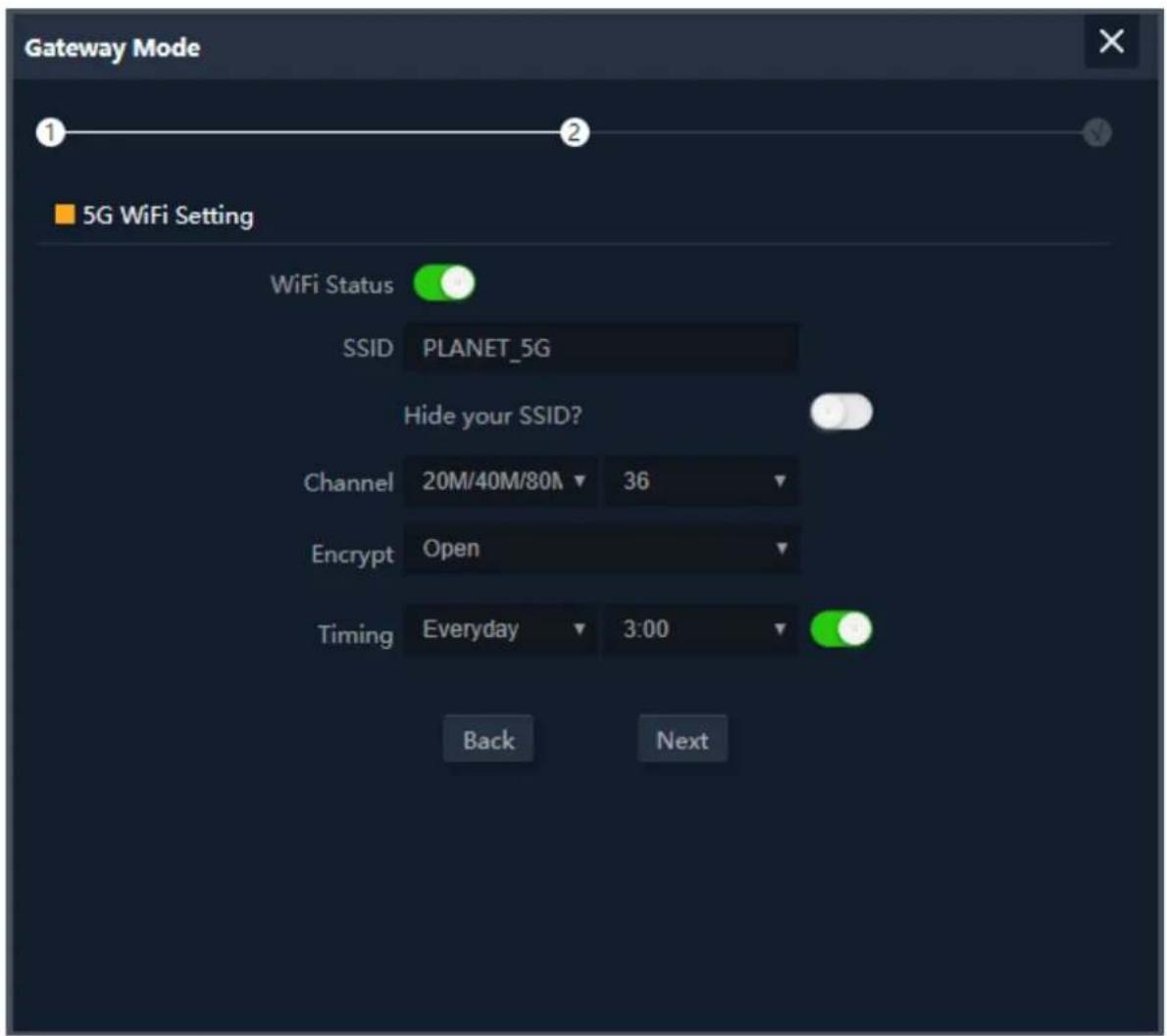 Gateway Mode 1 2 5G WiFi Setting WiFi Status SSID PLANET_5G Hide your SSID? Channel 20M/40M/80M 36 Encrypt Open Timing Everyday 3:00 Back Next