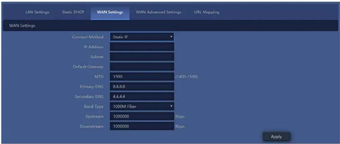 LAN Settings Static DHCP WAN Settings WAN Advanced Settings(URL Mapping WAN Settings Connect Method Static IP IP Address Subnet Default Gateway MTU 1500 (1400-1500) Primary DNS 8.8.8.8 Secondary DNS 4.4.4.4 Band Type 1000M Fiber Upstream 1000000 Kops Downstream 1000000 Kops Apply