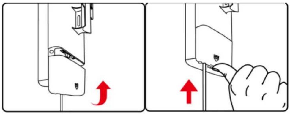 Diagram showing two-step robotic arm manipulation process with red arrows indicating rotation direction