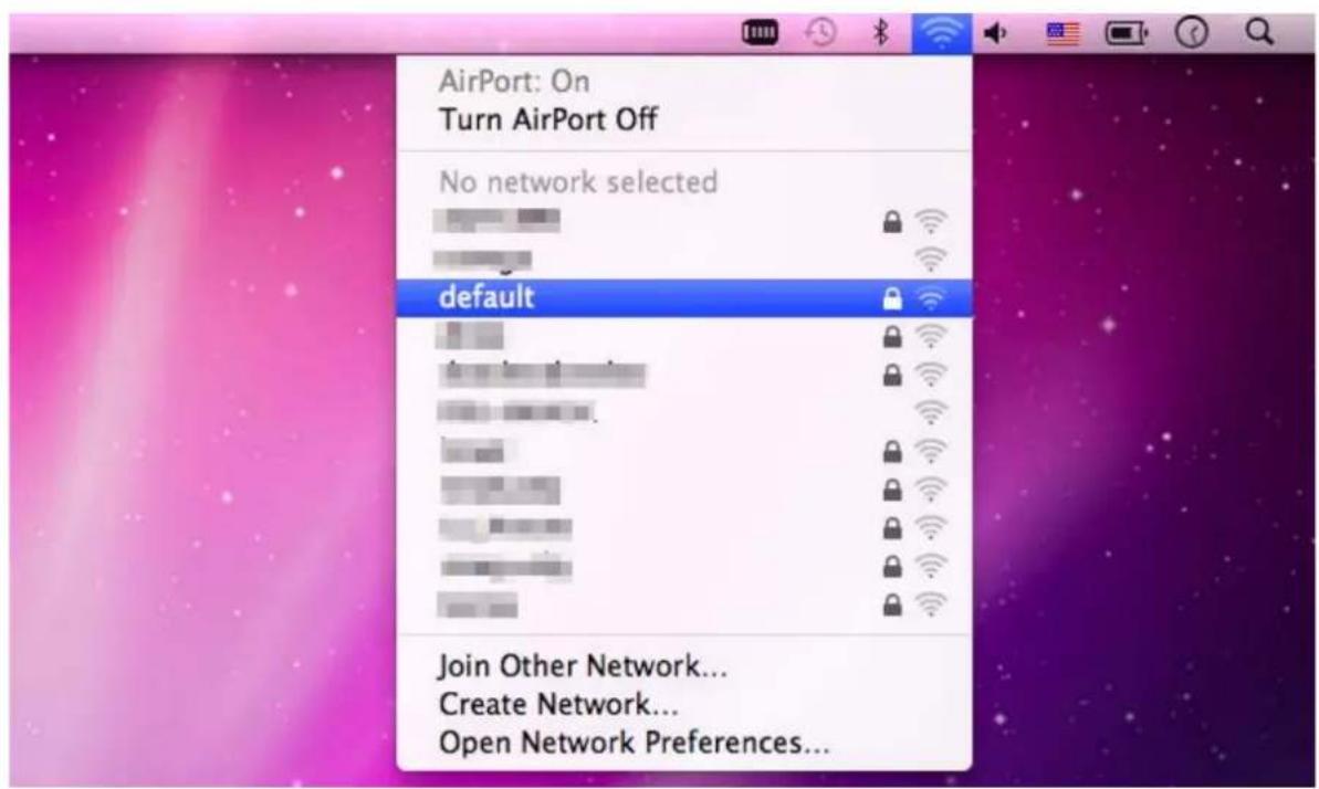 AirPort: On Turn AirPort Off No network selected default Join Other Network... Create Network... Open Network Preferences...