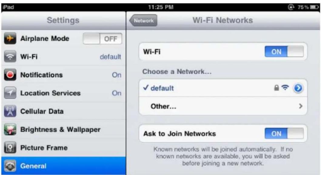 iPad 11:25 PM Settings Network Wi-Fi Networks Airplane Mode OFF Wi-Fi default Notifications On Location Services On Cellular Data Brightness & Wallpaper Picture Frame General Wi-Fi ON Choose a Network... ✓ default Other... Ask to Join Networks ON Known networks will be joined automatically. If no known networks are available, you will be asked before joining a new network.
