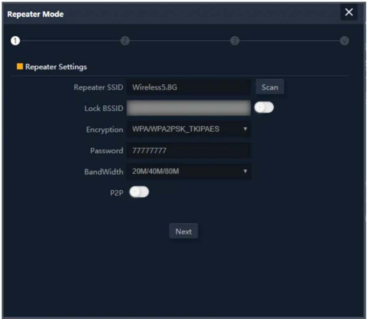 Repeater Mode 1 2 3 4 5 Repeater Settings Repeater SSID Wireless5.8G Scan Lock BSSID Encryption WPA/WPA2PSK_TKIPAES Password 77777777 BandWidth 20M/40M/80M P2P Next
