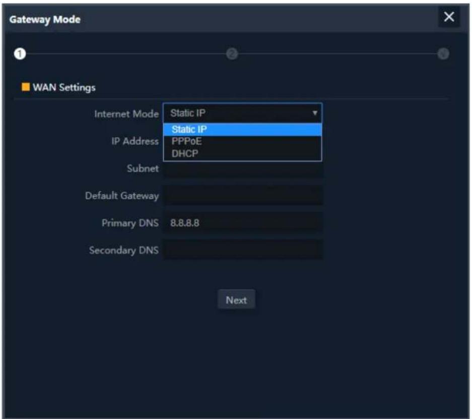 Gateway Mode WAN Settings Internet Mode Static IP IP Address Static IP PPPoE DHCP Subnet Default Gateway Primary DNS 8.8.8.8 Secondary DNS Next