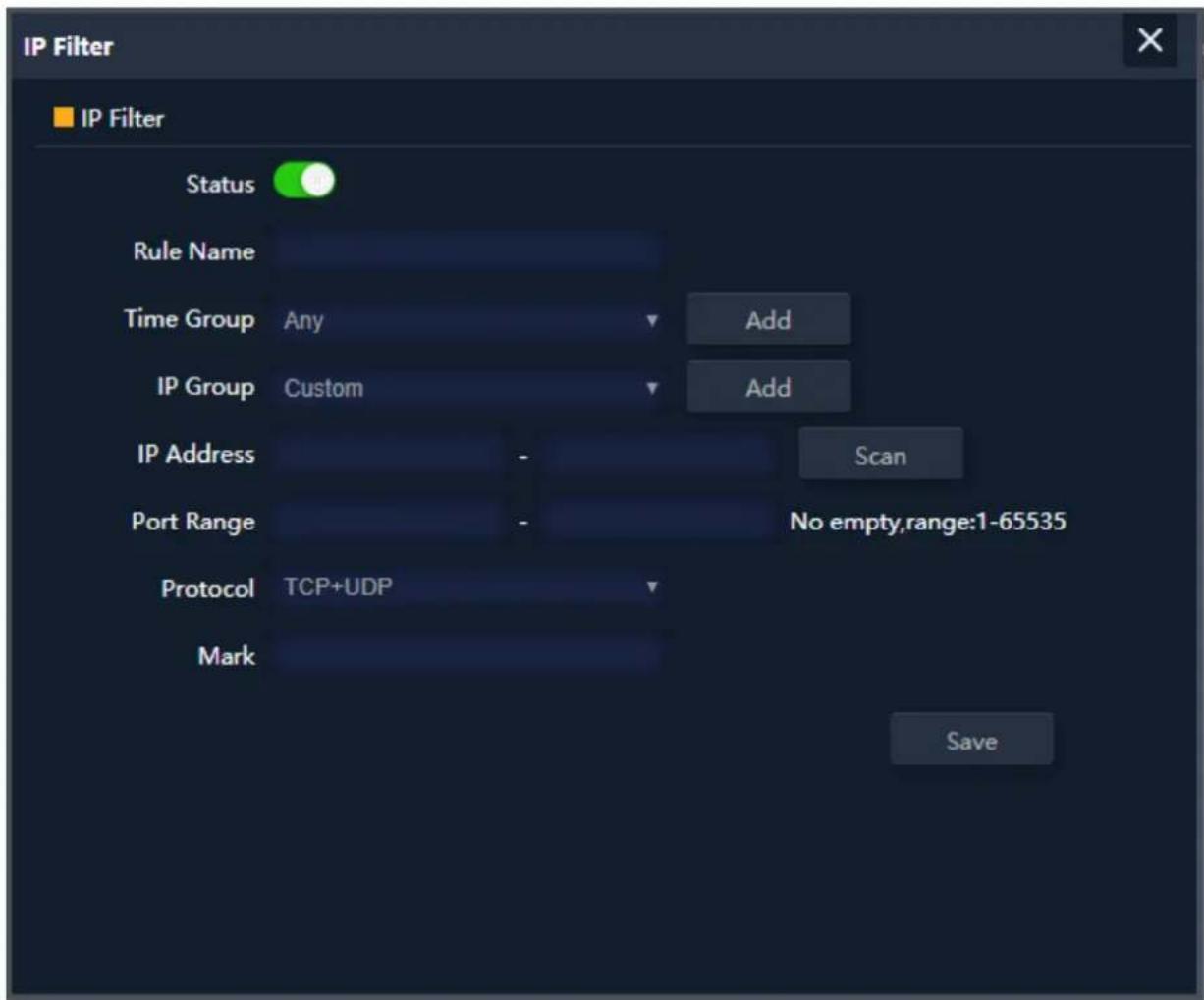 IP Filter IP Filter Status Rule Name Time Group Any Add IP Group Custom Add IP Address - Scan Port Range - No empty,range:1-65535 Protocol TCP+UDP Mark Save
