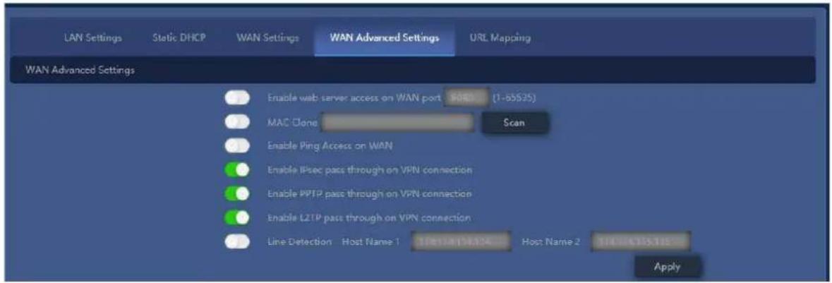 LAN Settings Static DHCP WAN Settings WAN Advanced Settings URL Mapping WAN Advanced Settings Enable web server access on WAN port 8080 (1-65$25) MAC Clone Scan Enable Ping Access on WAN Enable IPsec pass through on VPN connection Enable PPTP pass through on VPN connection Enable LZTP pass through on VPN connection Line Detection Host Name 1 178134154.124 Host Name 2 114.014.105.115 Apply