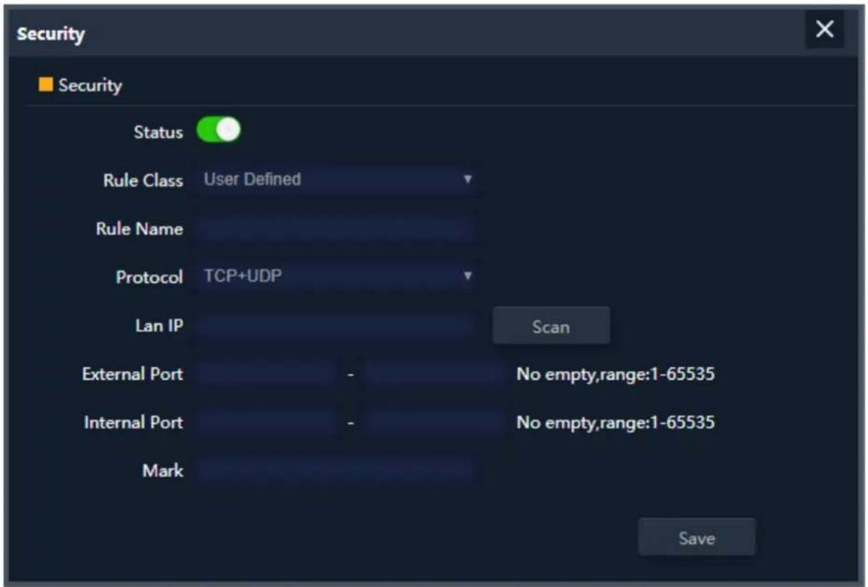 Security Security Status Rule Class User Defined Rule Name Protocol TCP+UDP Scan External Port - No empty,range:1-65535 Internal Port - No empty,range:1-65535 Mark Save
