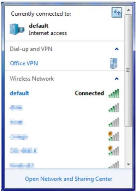 Currently connected to: default Internet access Dial-up and VPN Office VPN Wireless Network default Connected Open Network and Sharing Center