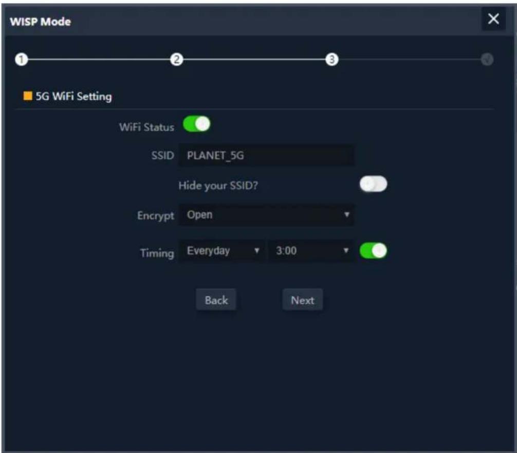 WISP Mode 1 2 3 ■ 5G WiFi Setting WiFi Status SSID PLANET_5G Hide your SSID? Encrypt Open Timing Everyday 3:00 Back Next