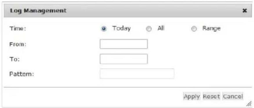 Log Management Time: Today All Range From: To: Pattern: Apply Reset Cancel