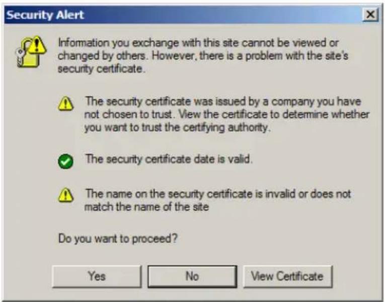 Security Alert Information you exchange with this site cannot be viewed or changed by others. However, there is a problem with the site's security certificate. The security certificate was issued by a company you have not chosen to trust. View the certificate to determine whether you want to trust the certifying authority. The security certificate date is valid. The name on the security certificate is invalid or does not match the name of the site Do you want to proceed? Yes No View Certificate