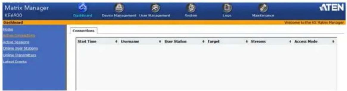 Matrix Manager KE6900 Dashboard Device Management User Management System Login Maintenance ATEN Dashboard Home Active Compositions Active Session Online User Stages Online Transmitters Latest Events Connections Welcome to the KE Matrix Manager Start Time Username User Station Target Streams Access Mode