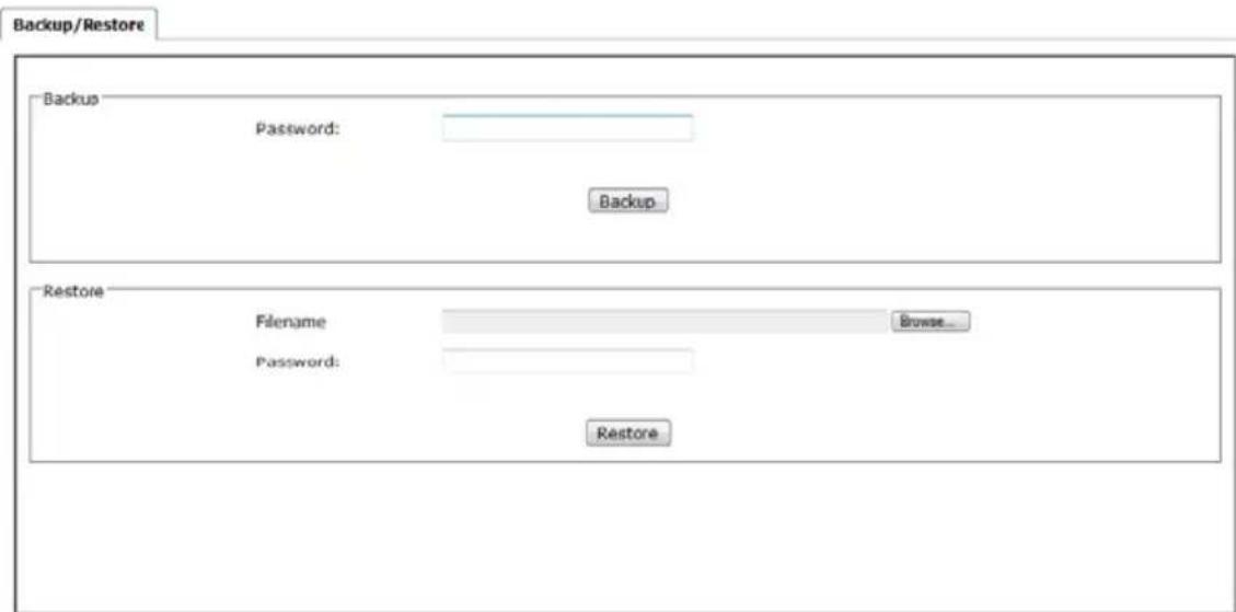Backup/Restore Backup Password: Backup Restore Filename Browse... Password: Restore
