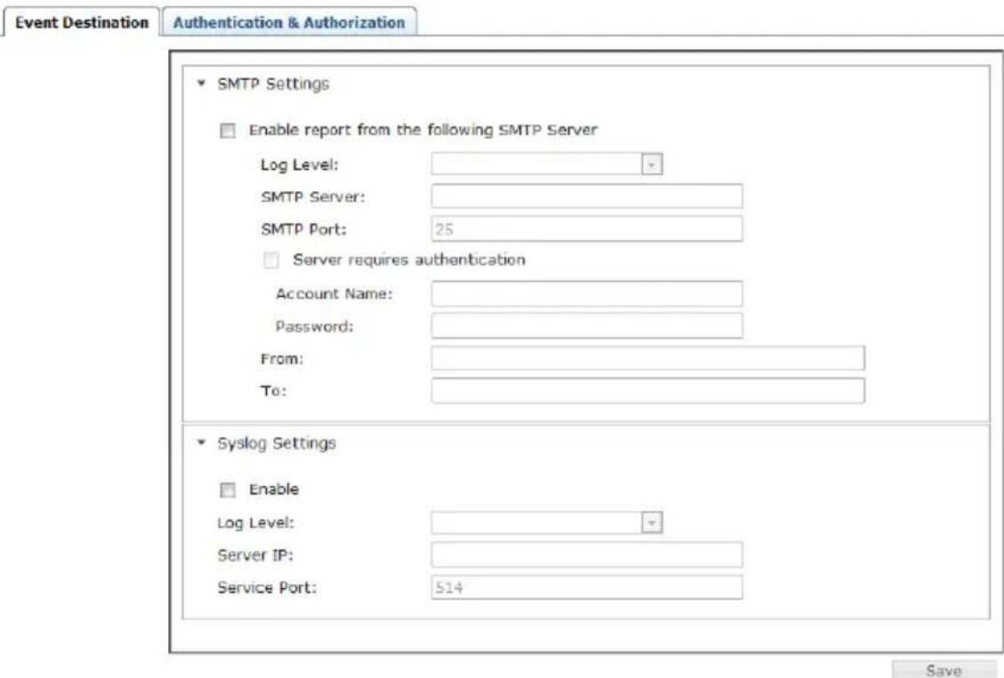 Event Destination Authentication & Authorization SMTP Settings Enable report from the following SMTP Server Log Level: SMTP Server: SMTP Port: 25 Server requires authentication Account Name: Password: From: To: Syslog Settings Enable Log Level: Server IP: Service Port: 514 Save