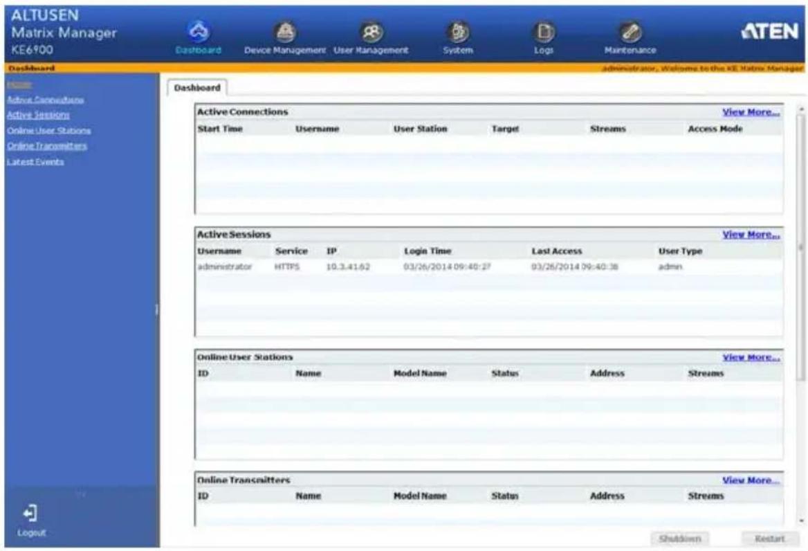 ALTUSEN Matrix Manager KE6900 Dashboard Device Management User Management System Logs Maintenance Administrator, Welcome to the KE Matrix Manager Dashboard Active Connections View More... Start Time Username User Station Target Streams Access Mode Active Sessions View More... Username Service IP Login Time Last Access User Type administrator HTTPS 10.3.41.62 03/26/2014 09:40:27 03/26/2014 09:40:38 admin Online User Stations View More... ID Name Model Name Status Address Streams Online Transmitters View More... ID Name Model Name Status Address Streams Shutdown Restart