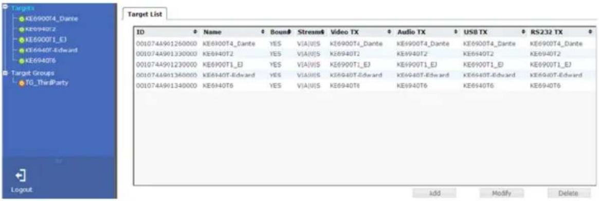 Target List ID Name Bound Stream# Video TX Audio TX USB TX RS232 TX 001074A901260000 KE6900T4_Dante YES VIA|U|S KE6900T4_Dante KE6900T4_Dante KE6900T4_Dante KE6900T4_Dante 001074A901330000 KE6940T2 YES VIA|U|S KE6940T2 KE6940T2 KE6940T2 KE6940T2 001074A901230000 KE6900T1_EJ YES VIA|U|S KE6900T1_EJ KE6900T1_EJ KE6900T1_EJ KE6900T1_EJ 001074A901360000 KE6940T-Edward YES VIA|U|S KE6940T-Edward KE6940T-Edward KE6940T-Edward KE6940T-Edward 001074A901340000 KE6940T6 YES VIA|U|S KE6940T6 KE6940T6 KE6940T6 Add Modify Delete Logout