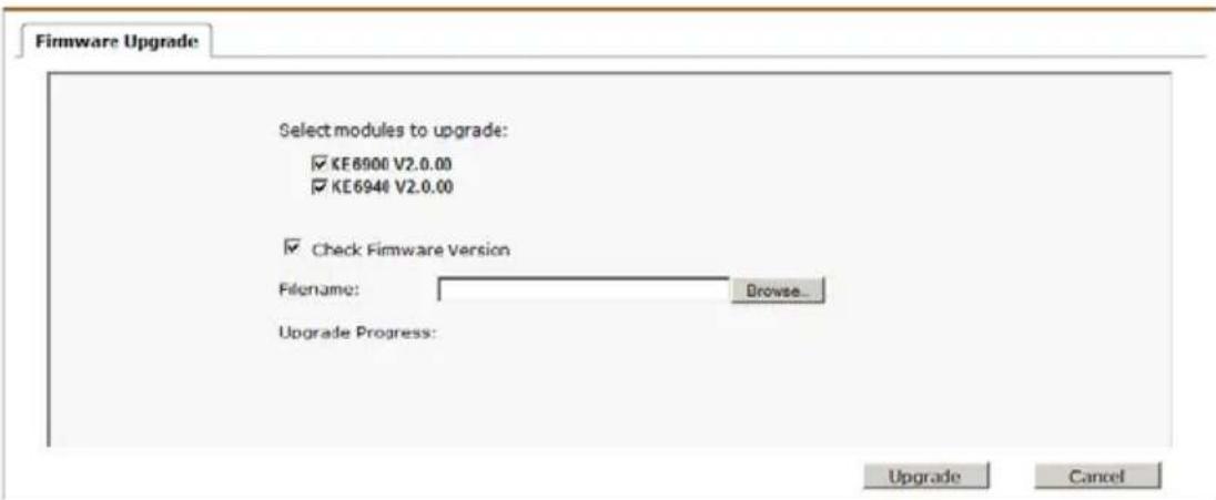 Firmware Upgrade Select modules to upgrade: ✓ KE6900 V2.0.00 ✓ KE6946 V2.0.00 ✓ Check Firmware Version Filename: Browse... Upgrade Progress: Upgrade Cancel