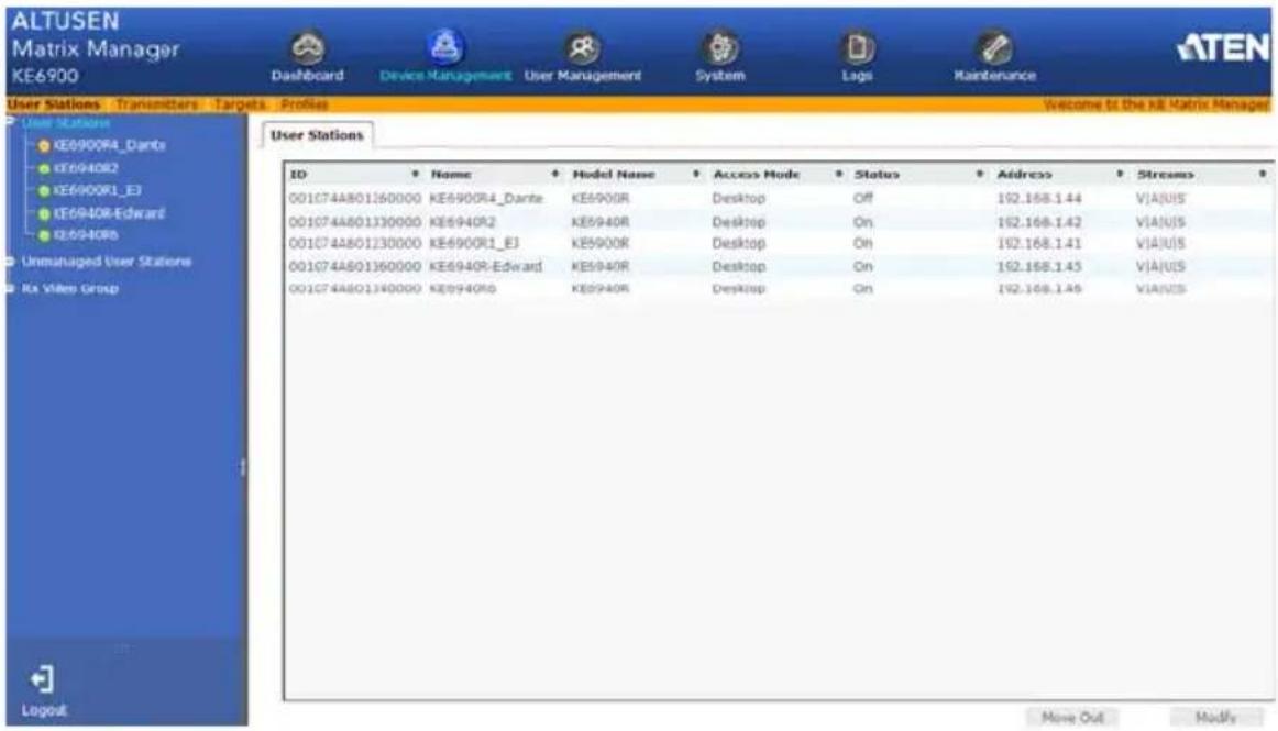 ALTUSEN Matrix Manager KE6900 Dashboard Device Management User Management System Logs Maintenance User Stations Transmitters Targets Profiles Welcome to the KB Matrix Manager User Stations ID Name Model Name Access Mode Status Address Streams 001074A801360000 KE6900R4_Dante KE6900R Desktop Off 192.168.1.44 VIA/US 001074A801130000 KE6940R2 KE6940R Desktop On 192.168.1.42 VIA/US 001074A801230000 KE6900R1_E3 KE6900R Desktop On 192.168.1.41 VIA/US 001074A801360000 KE6940R-Edward KE6940R Desktop On 192.168.1.45 VIA/US 001074A801340000 KE6940R0 KE6940R Desktop On 192.168.1.49 VIA/US Logout Move Out Modify