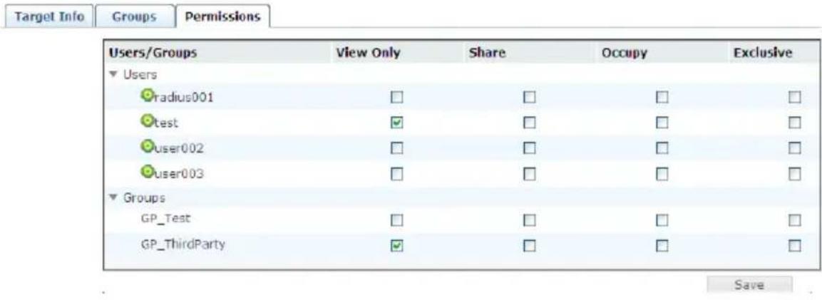 Target Info Groups Permissions Users/Groups View Only Share Occupy Exclusive ▼ Users ●radius001 □ □ □ □ ●test ✓ □ □ □ ●user002 □ □ □ □ ●user003 □ □ □ □ ▼ Groups GP_Test □ □ □ □ GP_ThirdParty ✓ □ □ □ Save