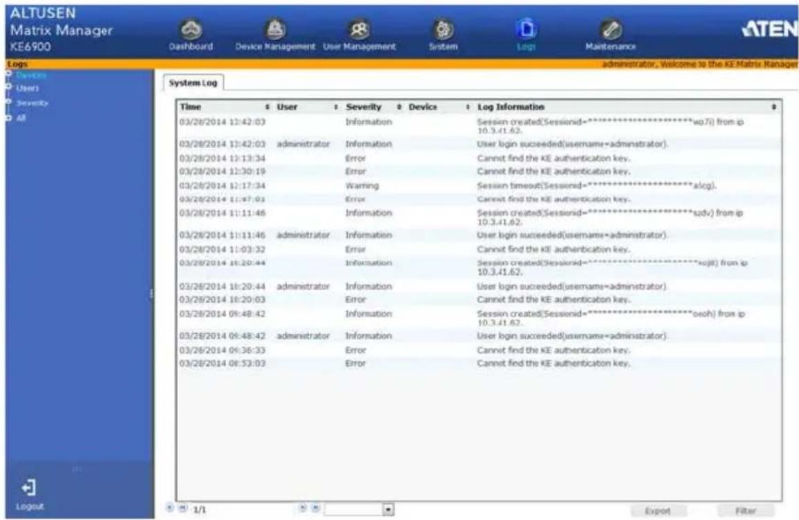 ALTUSEN Matrix Manager KE6900 Dashboard Device Management User Management System Log Maintenance Logs Administrator, Welcome to the KE Matrix Manager Systems Log Time User Severity Device Log Information 03/28/2014 11:42:03 Information Session created(Sessionid=**********w0.7i) from ip 10.3.41.62. 03/28/2014 11:42:03 administrator Information User login succeeded(username=administrator). 03/28/2014 11:13:34 Error Cannot find the KE authentication key. 03/28/2014 11:30:19 Error Cannot find the KE authentication key. 03/28/2014 11:17:34 Warning Session timeout(Sessionid=**********alcg). 03/28/2014 11:47:01 Error Cannot find the KE authentication key. 03/28/2014 11:11:46 Information Session created(Sessionid=**********adv) from ip 10.3.41.62. 03/28/2014 11:11:46 administrator Information User login succeeded(username=administrator). 03/28/2014 11:03:32 Error Cannot find the KE authentication key. 03/28/2014 16:20:44 Information Session created(Sessionid=**********wj8) from ip 10.3.41.62. 03/28/2014 16:20:44 administrator Information User login succeeded(username=administrator). 03/28/2014 16:20:03 Error Cannot find the KE authentication key. 03/28/2014 06:48:42 Information Session created(Sessionid=**********ooh) from ip 10.3.41.62. 03/28/2014 06:48:42 administrator Information User login succeeded(username=administrator). 03/28/2014 06:36:33 Error Cannot find the KE authentication key. 03/28/2014 06:53:03 Error Cannot find the KE authentication key. Logout 1/1 Export Filter