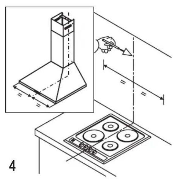 Technical diagram showing kitchen installation with chimney, stove, and pencil, including dimension annotations