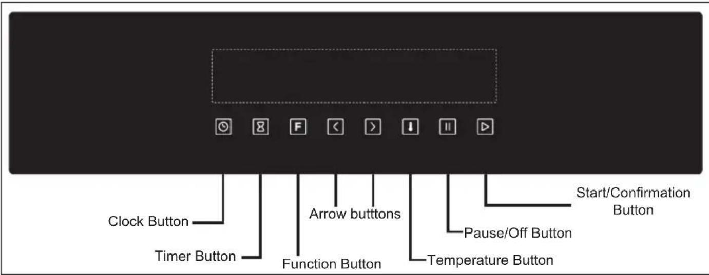 Clock Button, Timer Button, Arrow Buttons, Function Button, Start/Confirmation Button, Pause/Off Button, Temperature Button