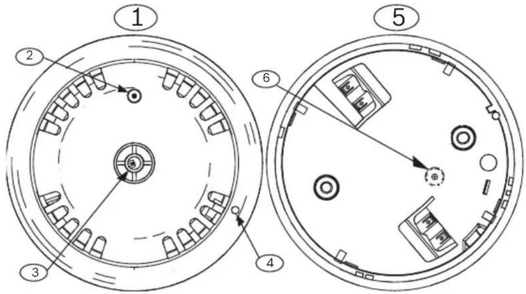 Technical diagram of a circular mechanical component with numbered parts and directional arrows indicating assembly or movement.