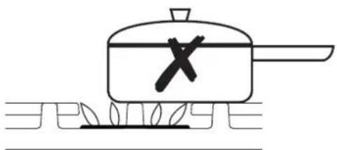 Simple line drawing of a cooking pot with a cross mark and flame, placed on a stove (no text or symbols)