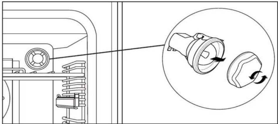 Technical line drawing of a mechanical assembly with a magnified inset showing a component being turned into a housing (no text or symbols present)