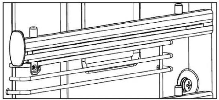 Technical line drawing of a mechanical assembly with pulleys and a wheel (no text or symbols).