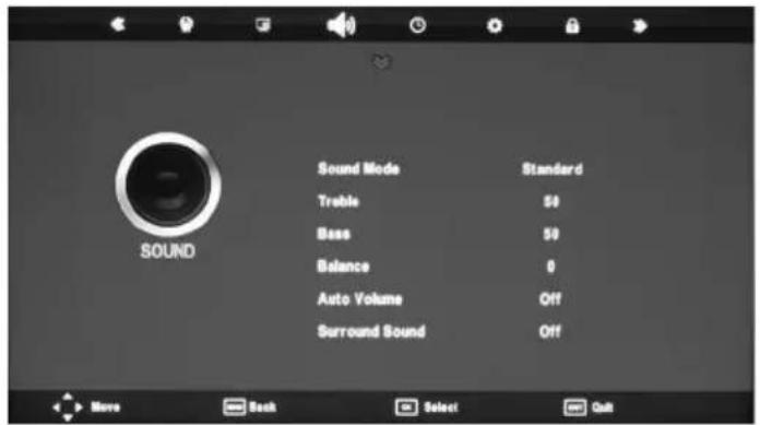 Sound Mode Trable Bass Balance Auto Volume Surround Sound Standard 50 50 0 Off Off