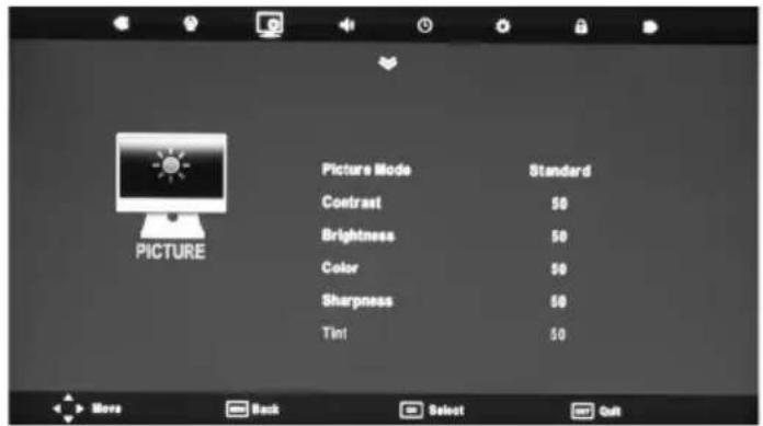 Picture Mode Standard Contrast 50 Brightness 50 Color 50 Sharpness 50 Tint 50