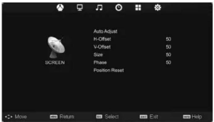 Auto Adjust H-Offset 50 V-Offset 50 Size 50 Phase 50 Position Reset SCREEN