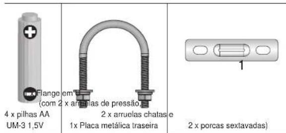 4 x pilhas AA UM-3 1,5V Flange cm B (com 2 x arruelas de pressão, 2 x arruelas chatas e 1x Placa metálica traseira 2 x porcas sextavadas)