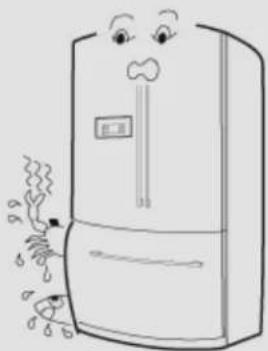 Cartoon illustration of a refrigerator with steam rising from its side (no text or symbols)