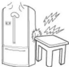 Simple line drawing of a refrigerator and a small table with steam rising (no text or symbols)