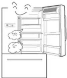 Illustration of a smiling refrigerator with a closed door and cloud-shaped smoke (no text or symbols)