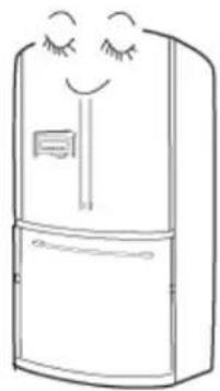 Simple line drawing of a smiling refrigerator with eyes closed (no text or symbols)