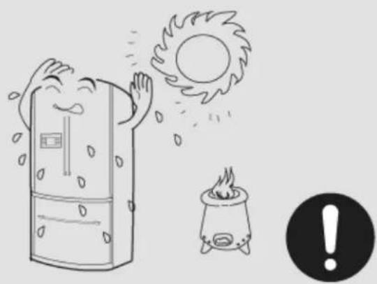Illustration of a refrigerator, a sun, and a campfire with an exclamation mark (no text or symbols)