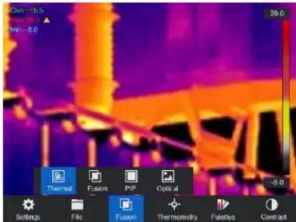 Cerl -15.5 Max DMI ▲ Min -8.0 29.0 Thermal Fusion PIP Optical Settings File Fusion Thermometry Palettes Contract
