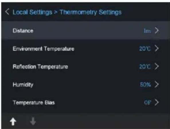 Local Settings > Thermometry Settings Distance lm > Environment Temperature 20°C > Reflection Temperature 20°C > Humidity 50% > Temperature Bias OF >