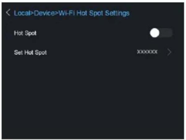 < Local>Device>Wi-Fi Hot Spot Settings Hot Spot Set Hot Spot XXXXXXX >