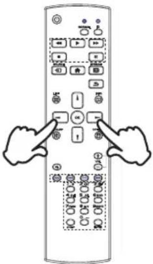 Diagram of a remote control with labeled buttons and directional arrows, showing hands pointing to function keys.