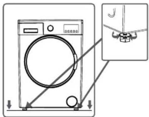 Diagram showing a washing machine with directional arrows and a close-up of the device's cable being installed.