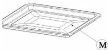 Technical line drawing of a rectangular tray with internal grid lines and a labeled point M (no text or symbols beyond label)