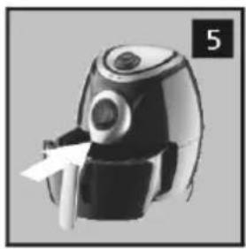 Black and white photo of a modern air fryer with a handle, no visible text or symbols